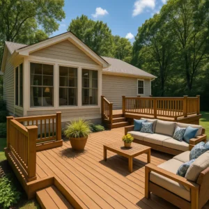 Beautiful backyard with a spacious wooden deck and attached sunroom, featuring cozy outdoor seating, potted plants, and surrounded by lush green trees.