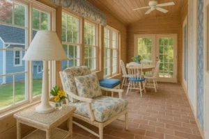 Cozy bright sunroom with floral cushioned chair, wicker side table, and dining set surrounded by large windows and natural wood accents