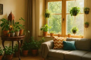 Bright sunroom corner with cozy seating, colorful pillows, potted plants, and hanging greenery by large sunlit windows