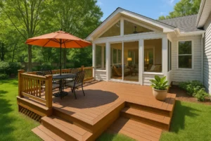 Elegant backyard featuring a warm wooden deck with stylish outdoor seating, a large sunroom with bright windows, and a peaceful garden surrounded by tall trees.