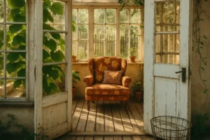 Inviting vintage sunroom with floral armchair, rustic wooden floors, and potted plants bathed in warm natural light