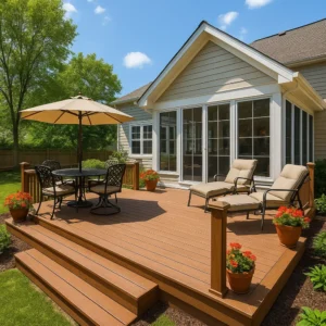 Serene backyard oasis with a custom wooden deck, stylish sunroom extension, cozy lounge chairs, umbrella dining set, and blooming potted flowers framed by green trees.