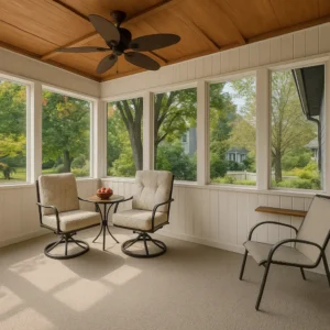 Spacious modern sunroom with cushioned chairs, wooden ceiling, and large windows overlooking a lush green garden on a sunny day.