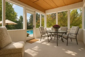 Bright sunroom with cushioned chairs, round table, and poolside garden view through large windows