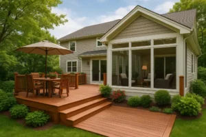 Tranquil garden setting with a charming wooden deck and bright sunroom, surrounded by colorful flowers and peaceful greenery.