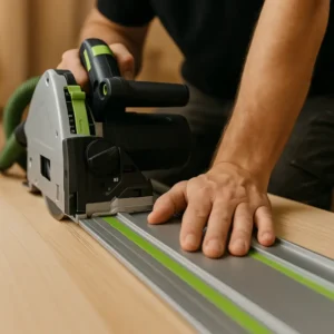 Close-up of a contractor cutting wood with a track saw for custom cabinet trim installation – expert finish carpentry service.