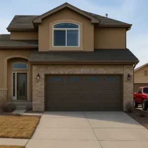 Front view of a modern suburban home with freshly repaired garage and entry doors – expert exterior door maintenance service.