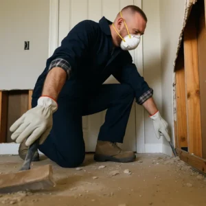 Handyman wearing protective gear removing damaged drywall during interior demolition – expert wall repair and home restoration service.