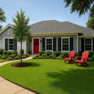 Front yard of a well-maintained suburban home with manicured lawn and red chairs – curb appeal improvement and exterior home repair service.