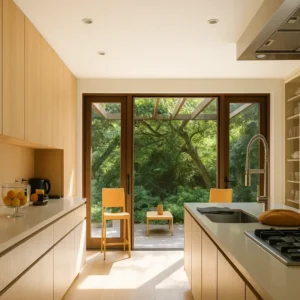 Modern kitchen with natural light and updated wood cabinetry overlooking a lush backyard – professional kitchen repair and remodeling service.