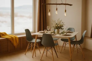 Modern dining room with rustic pendant light fixture and winter view – expert lighting installation and interior handyman service.