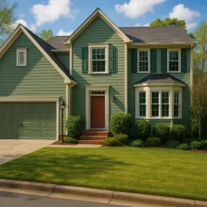 Green suburban home with fresh exterior paint and detailed trim work – professional interior and exterior painting handyman services.