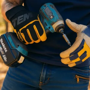 Close-up of a handyman wearing work gloves preparing a cordless power drill – essential tool for home repair and maintenance projects.